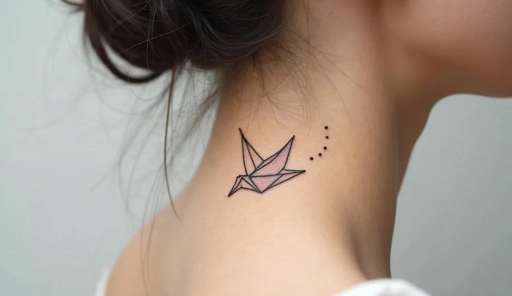 Origami bird small neck tattoo symbolizing transformation, freedom, and quiet strength for women