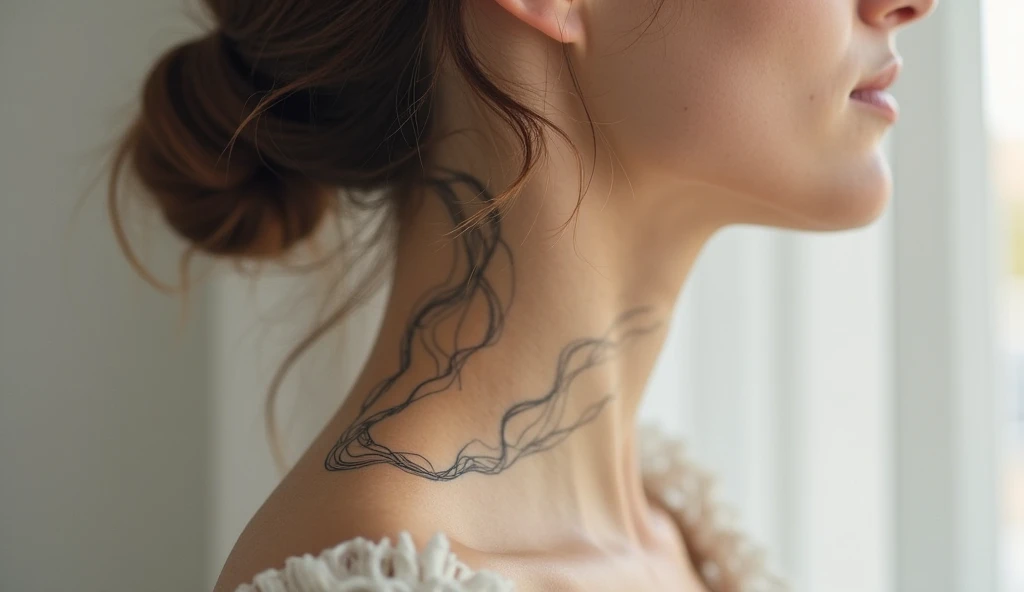 Whispering wind lines small neck tattoo representing peace, calmness, and inner stillness.