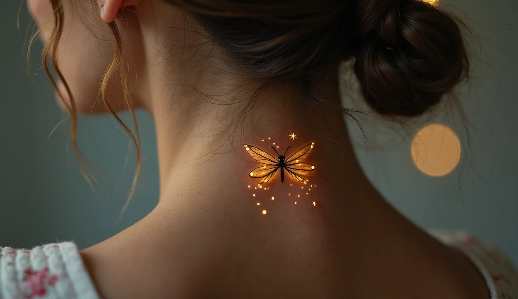Glowing firefly small neck tattoo symbolizing hope, guidance, and inner light.