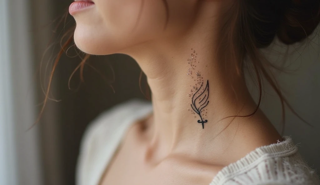 Ink quill with tiny stars small neck tattoo representing creativity, storytelling, and destiny.