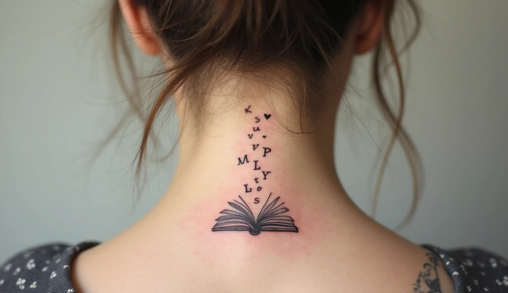 Open book with floating letters small neck tattoo symbolizing growth, wisdom, and personal journey.