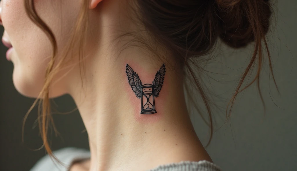 Tiny hourglass with wings small neck tattoo representing time, freedom, and letting go.