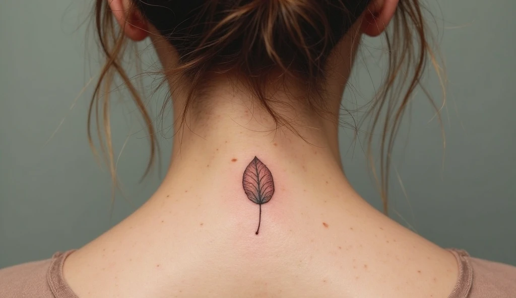 Falling leaf small neck tattoo symbolizing change, acceptance, and graceful release.