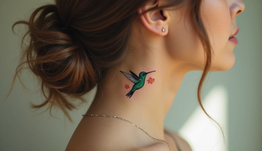 Hummingbird in flight small neck tattoo representing joy, resilience, and beauty.
