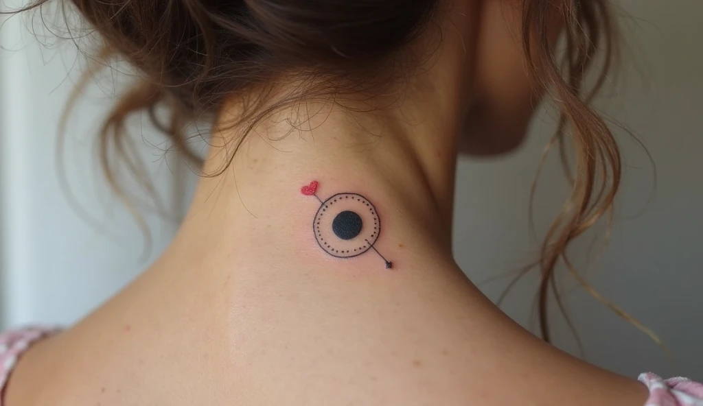 Minimal planet with orbiting heart small neck tattoo symbolizing self-love and balance.
