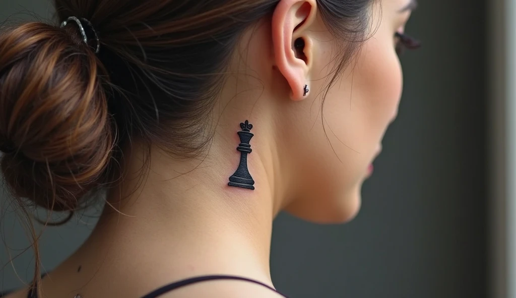 Tiny chess queen piece small neck tattoo representing femininity, strategy, and self-worth.