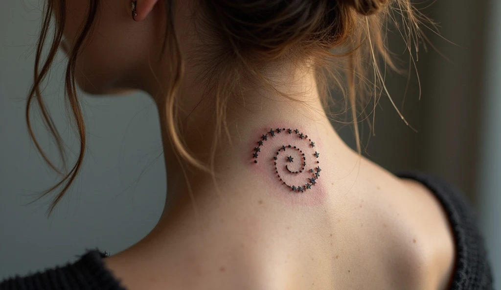 Micro spiral galaxy small neck tattoo representing inner complexity, balance, and identity.