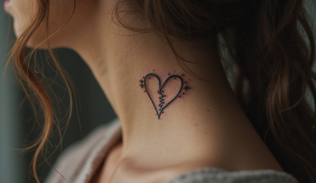 Stitched heart or seam line small neck tattoo symbolizing healing, recovery, and resilience.