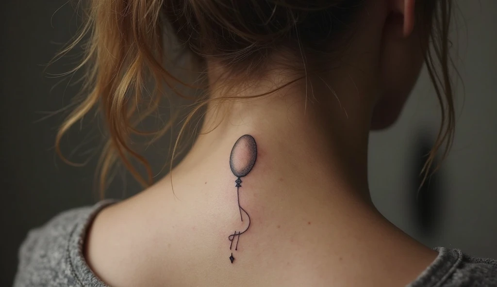 Tiny balloon flying away small neck tattoo representing grief, release, and remembrance.