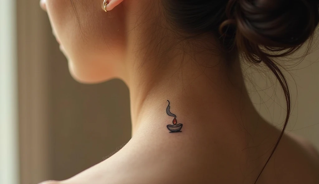 Candle flame with smoke small neck tattoo symbolizing renewal, strength, and gentle transformation.