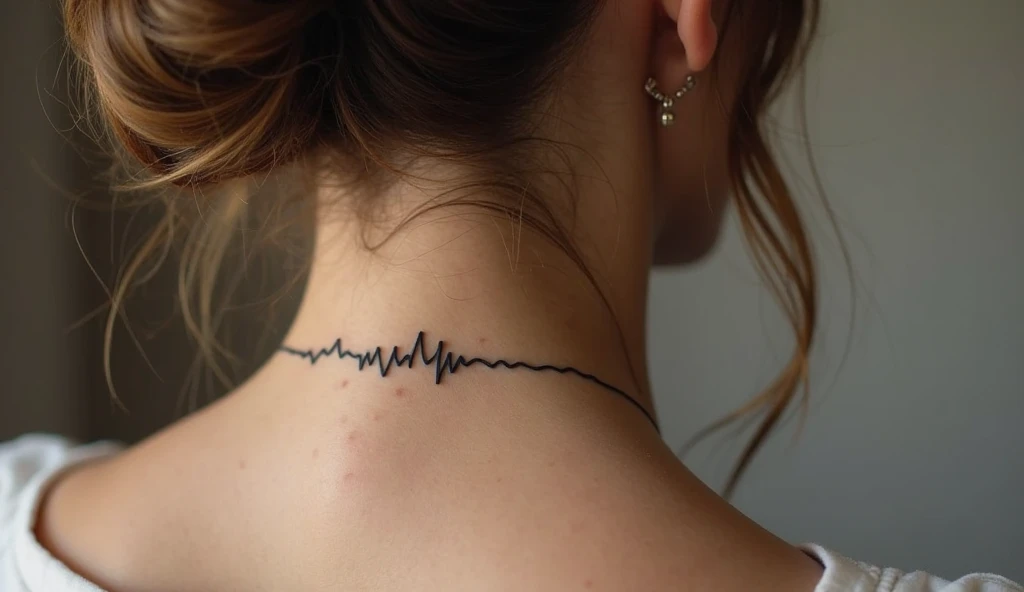 Sound wave small neck tattoo of a laugh or voice symbolizing love, memory, and connection.