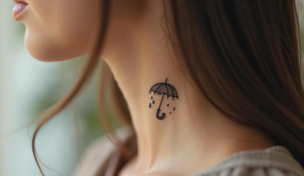 Tiny umbrella with raindrops small neck tattoo representing protection, resilience, and inner strength.