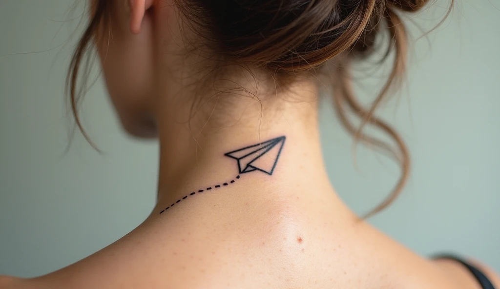 Paper plane small neck tattoo symbolizing freedom, new beginnings, and adventure.