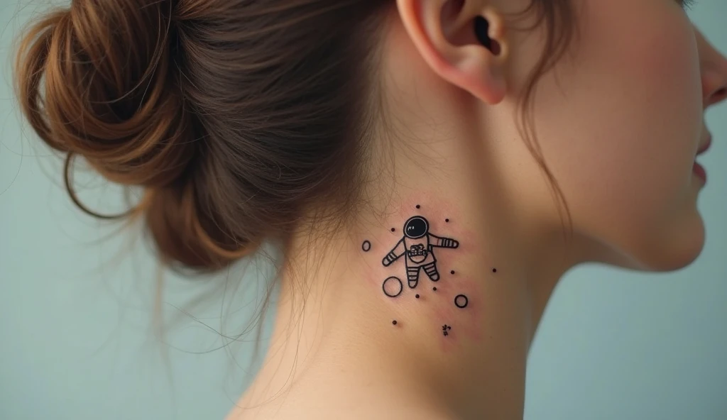 Tiny astronaut floating small neck tattoo representing imagination, exploration, and emotional release.