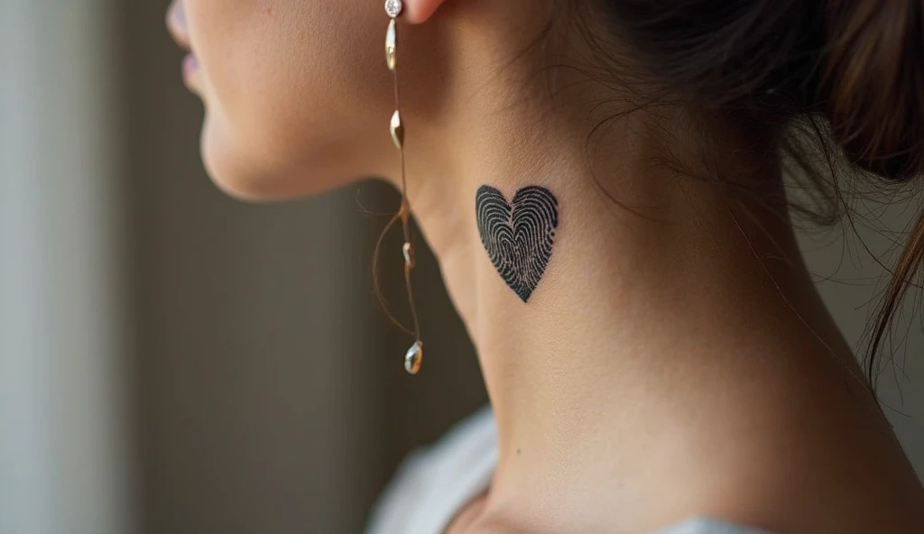 Fingerprint heart small neck tattoo symbolizing eternal love, identity, and personal connection.