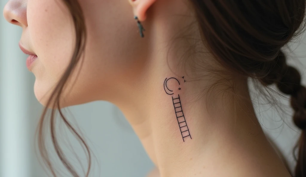 Ladder to the moon small neck tattoo representing ambition, hope, and chasing dreams.