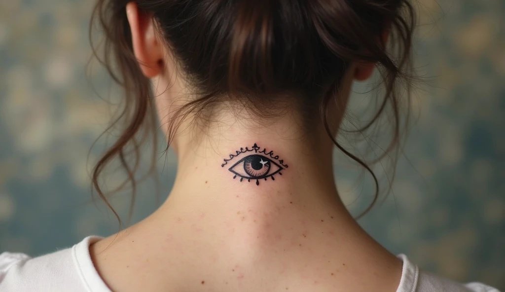 Eye with stars inside small neck tattoo symbolizing awareness, clarity, and inner magic.