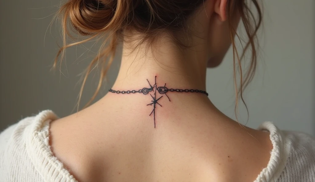 Broken chain link small neck tattoo representing freedom, courage, and breaking toxic cycles.