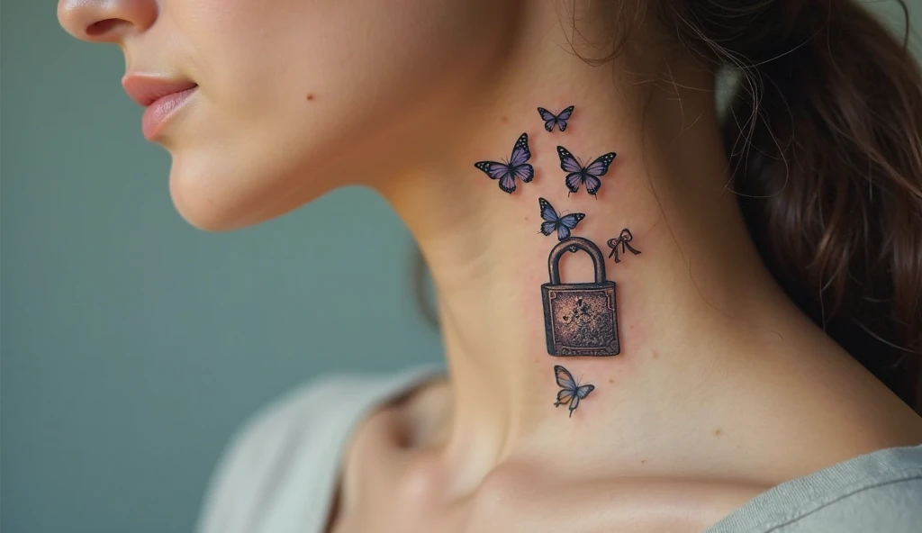Open lock with flying butterflies small neck tattoo symbolizing healing, transformation, and openness.