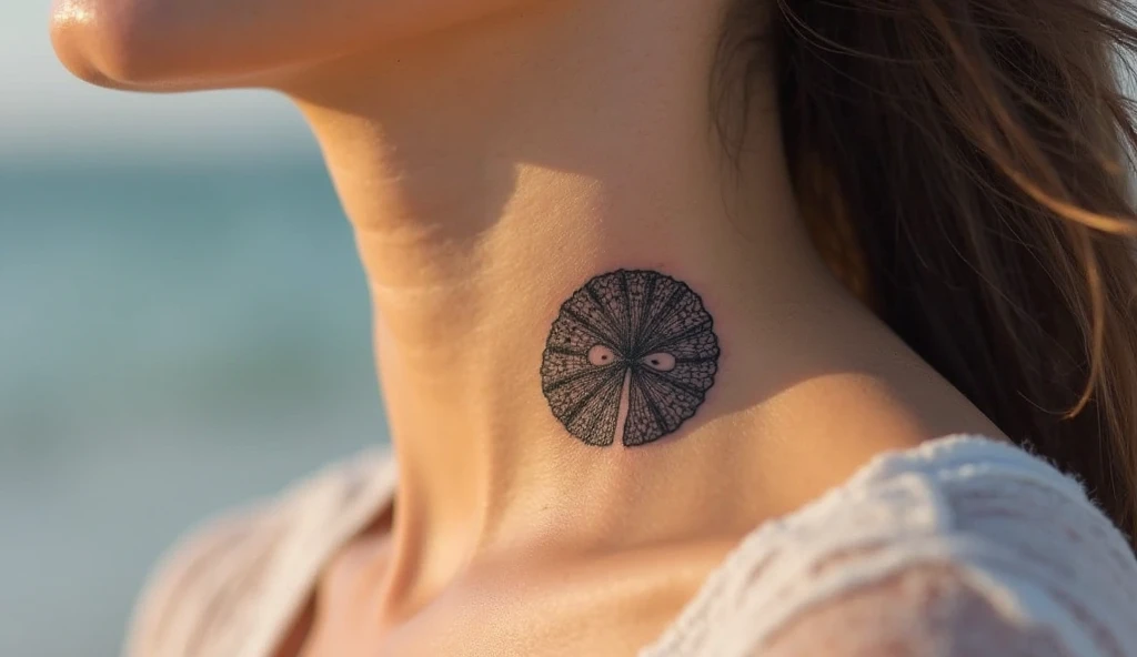 Sand dollar small neck tattoo symbolizing peace, hope, and spiritual calm.