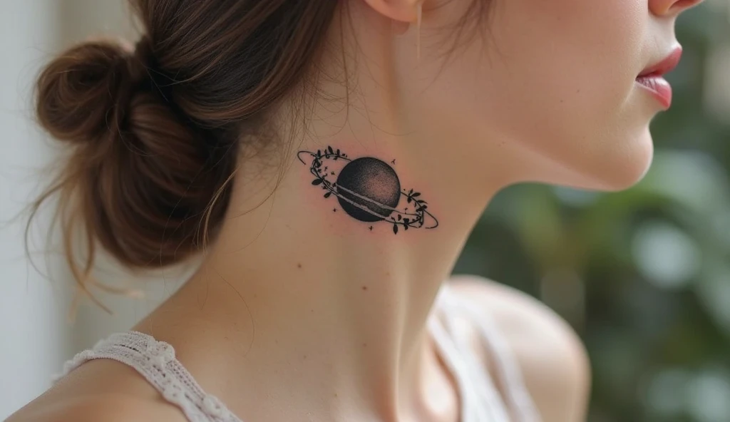 Tiny planet with leafy ring small neck tattoo representing balance, harmony, and love for nature.