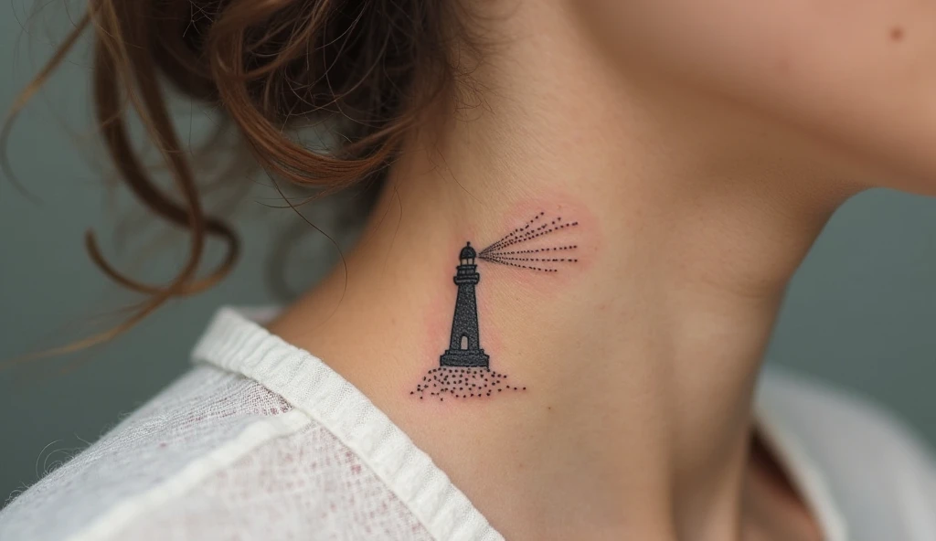 Tiny lighthouse beam small neck tattoo representing hope, guidance, and clarity in dark times.