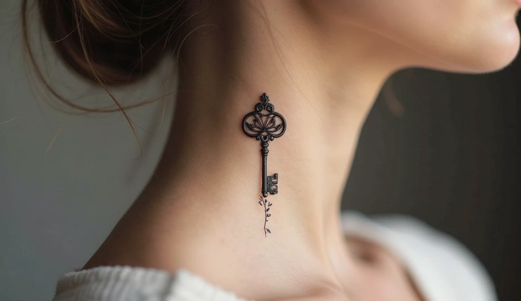 Tiny key with floral stem small neck tattoo symbolizing unlocking growth, self-worth, and new beginnings.