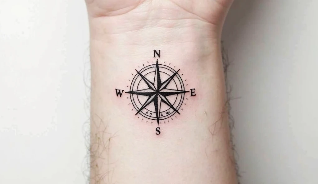 Compass rose with coordinates small tattoo ideas for wrist symbolizing direction, travel, and destiny.