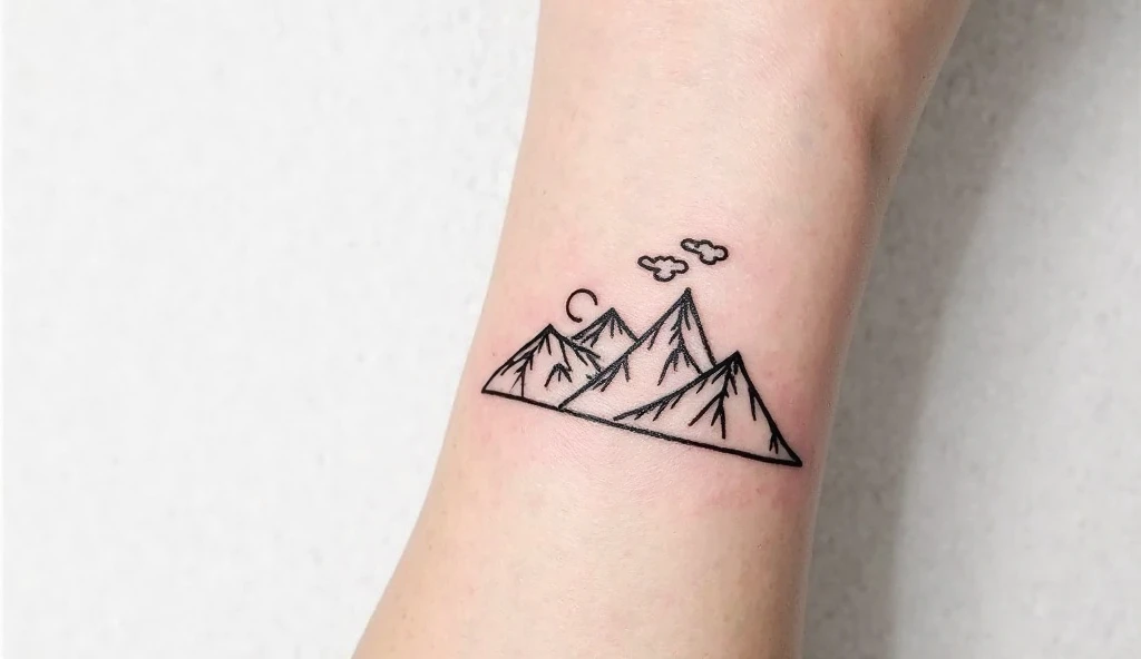 Stylized mountain peaks small tattoo ideas for wrist representing strength, challenges, and resilience.