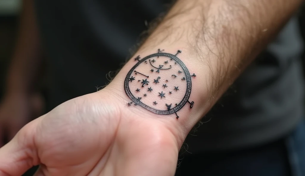 Micro celestial map small tattoo ideas for wrist representing guidance, dreams, and universal energy.