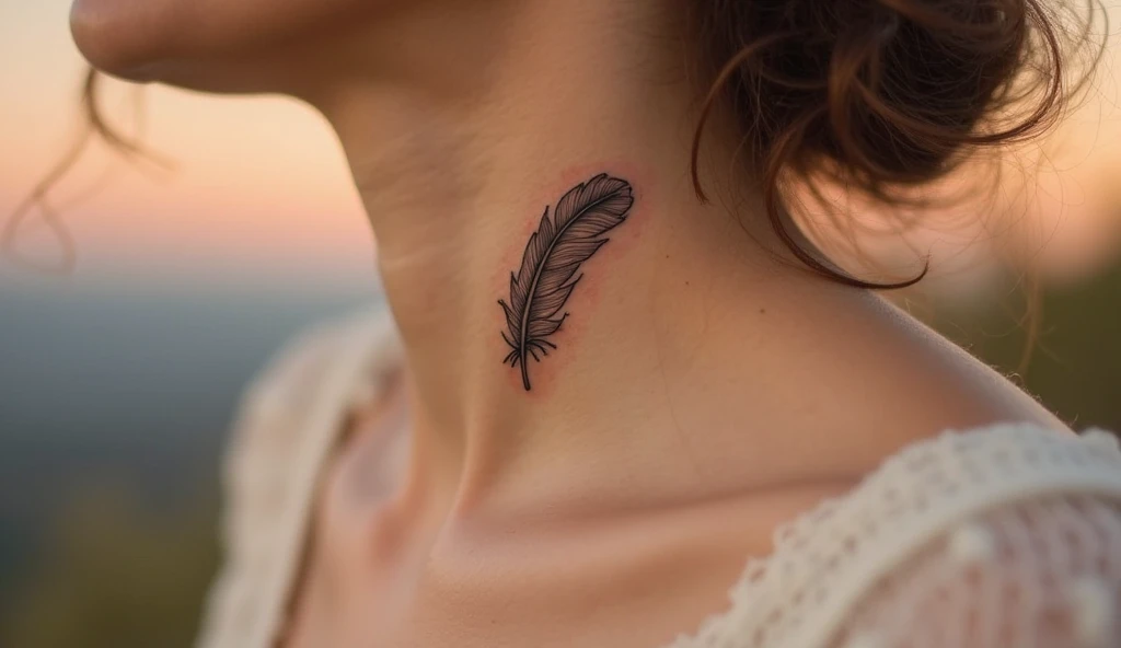 Small symbolic tattoo of a feather showing freedom, lightness, letting go, and spiritual connection.