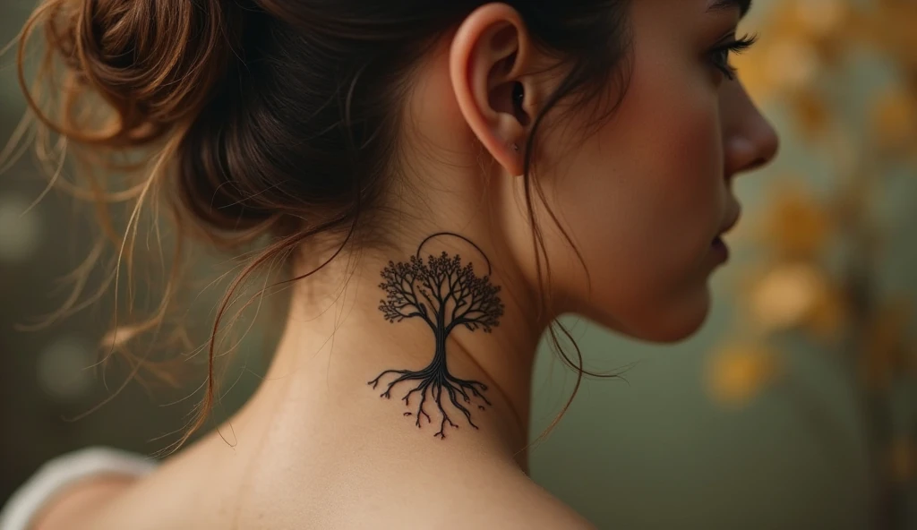 Small symbolic tattoo of the tree of life representing roots, growth, strength, and spiritual connection.