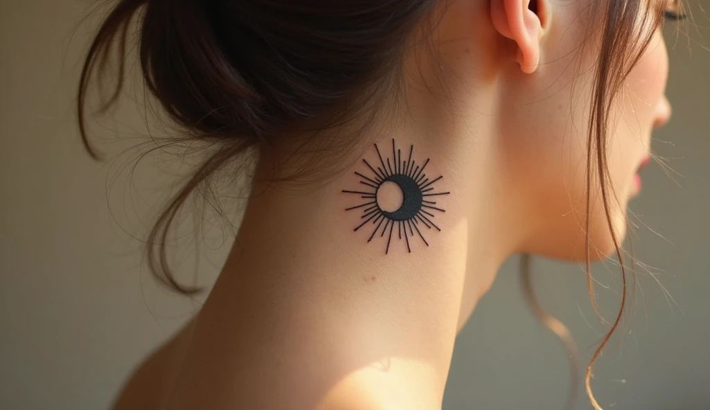 Small symbolic tattoo of sun and moon symbolizing duality, harmony, and balance of opposites.