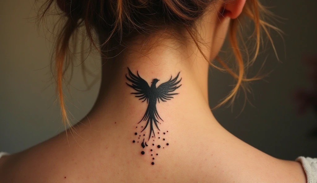 Small symbolic tattoo of a phoenix bird representing rebirth, transformation, and rising from struggles.