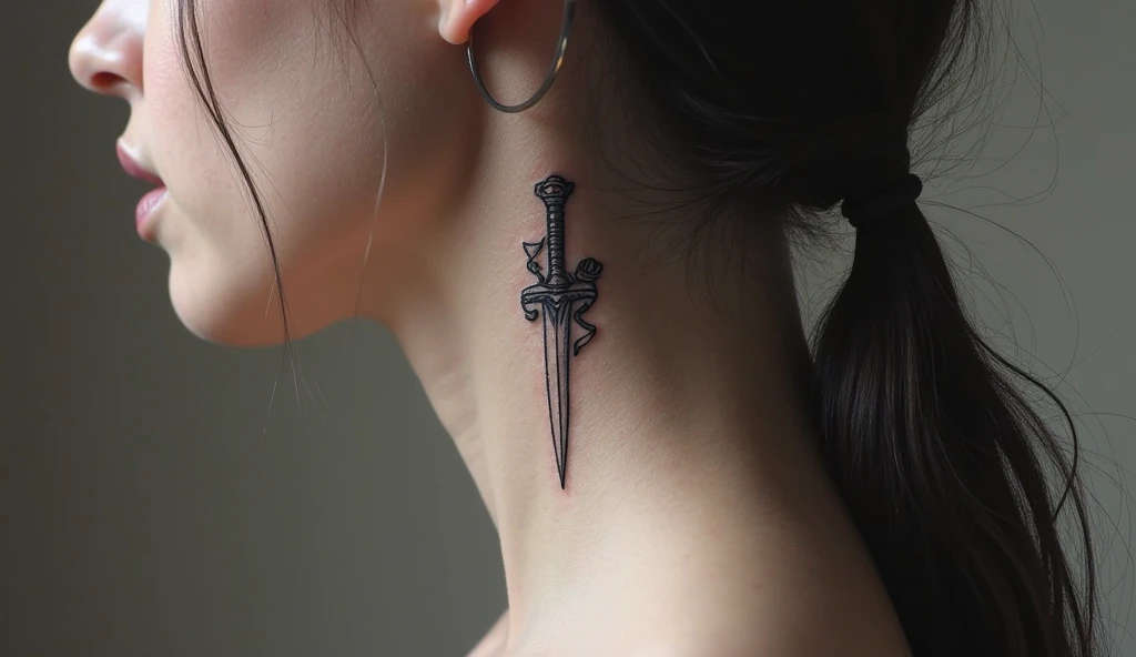 Small symbolic tattoo of a dagger symbolizing courage, clarity, justice, and protection.