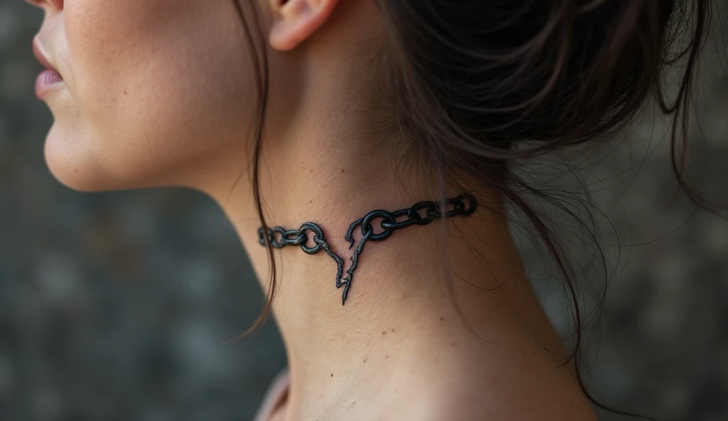 Small symbolic tattoo of a broken chain symbolizing freedom, release, and breaking toxic patterns.