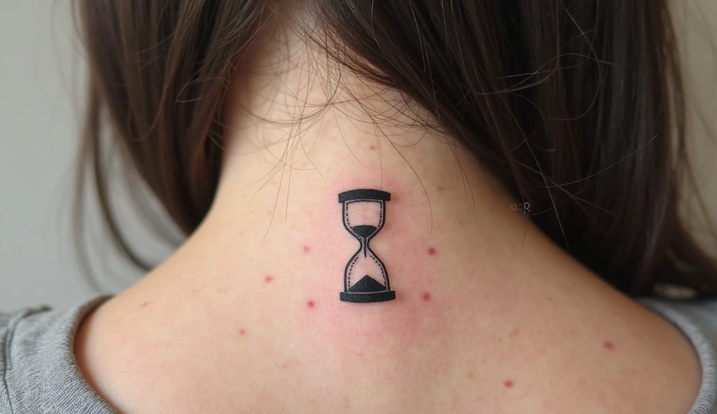 Small symbolic tattoo of an hourglass symbolizing time, mindfulness, and life’s precious moments.