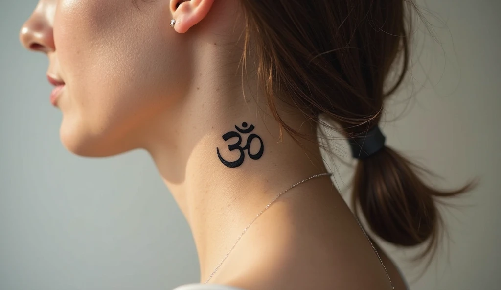 Small symbolic tattoo of Om symbol representing peace, spirituality, and higher consciousness.