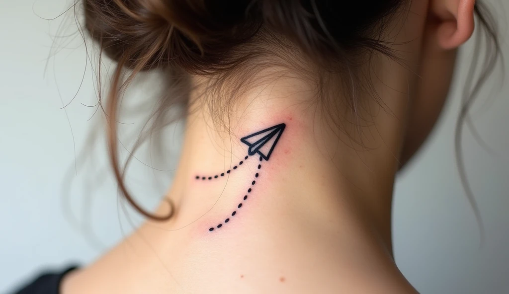 Small symbolic tattoo of a paper plane symbolizing freedom, curiosity, and chasing dreams.