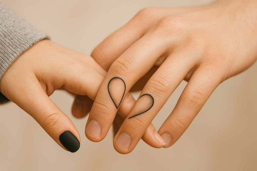 Matching heart halves finger tattoo ideas on finger symbolizing eternal love and unity for couples