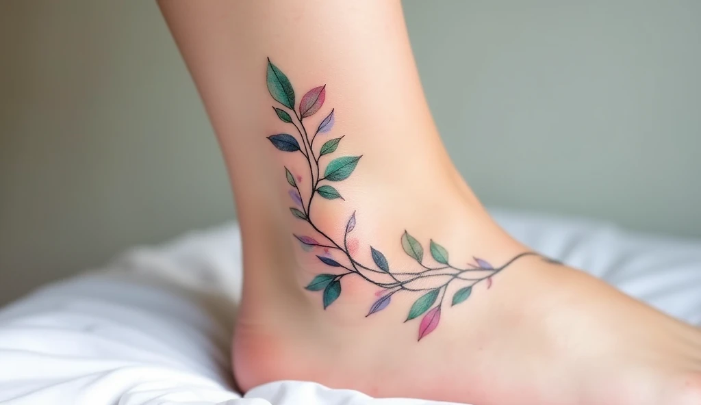 small Colorful Vine ankle tattoo