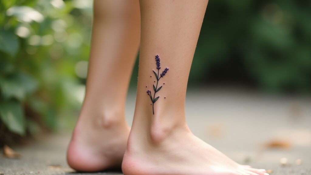 small Flower Sprig ankle tattoo 