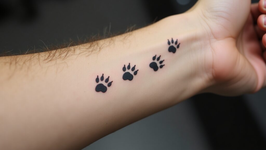 Animal tracks small tattoo ideas for wrist representing connection to nature, loyalty, and spirit guide.