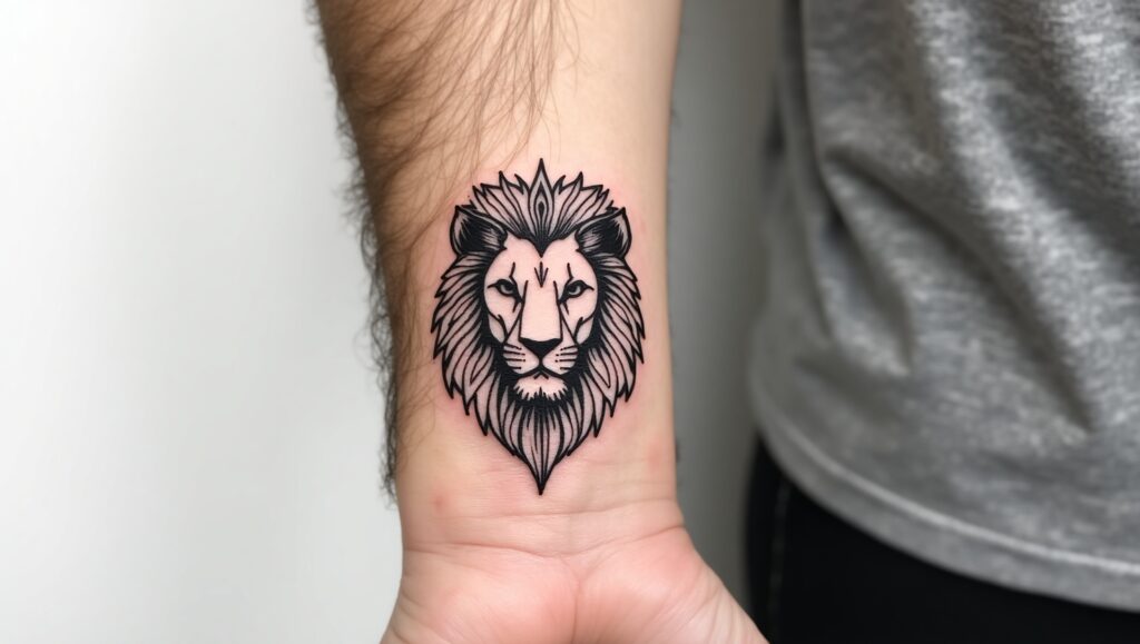 Geometric lion small tattoo ideas for wrist symbolizing courage, strength, and leadership.