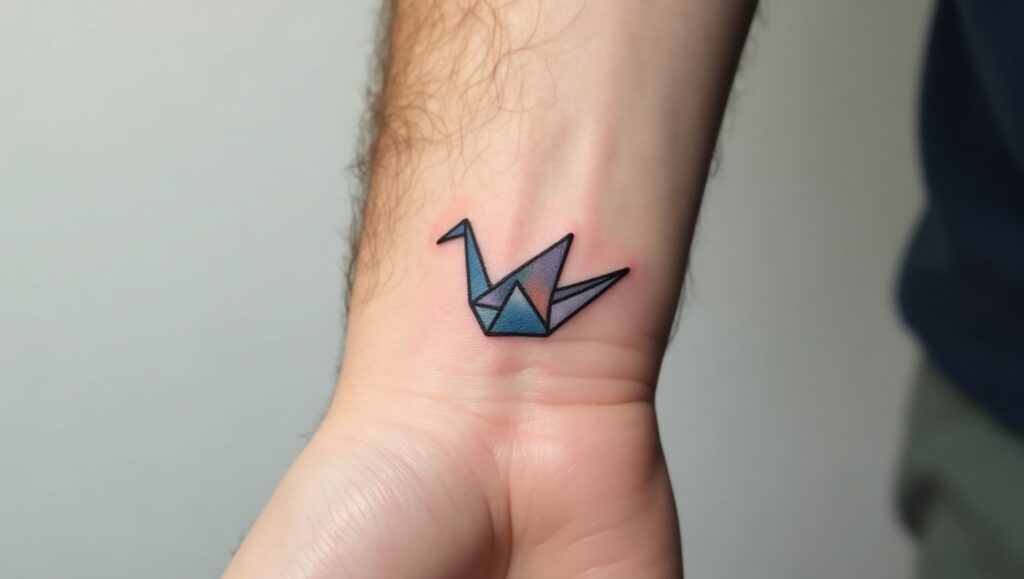 Origami crane small tattoo ideas for wrist symbolizing peace, hope, and good fortune.