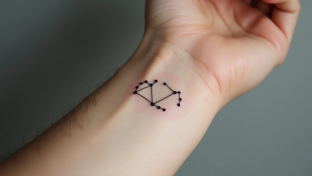 Constellation small tattoo ideas for wrist representing destiny, zodiac, and cosmic connection.