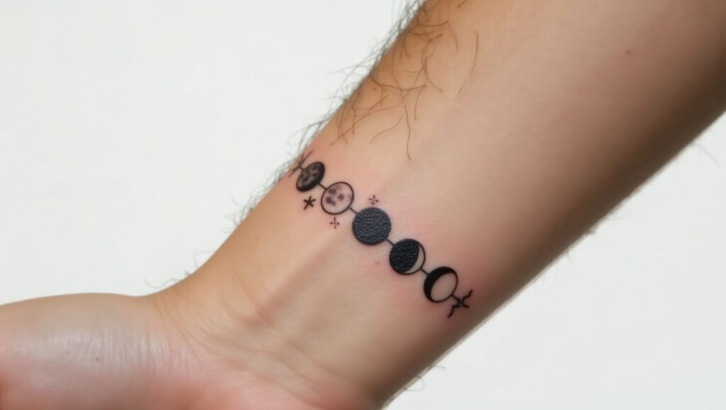 Celestial phases small tattoo ideas for wrist representing time, change, and cosmic rhythm.