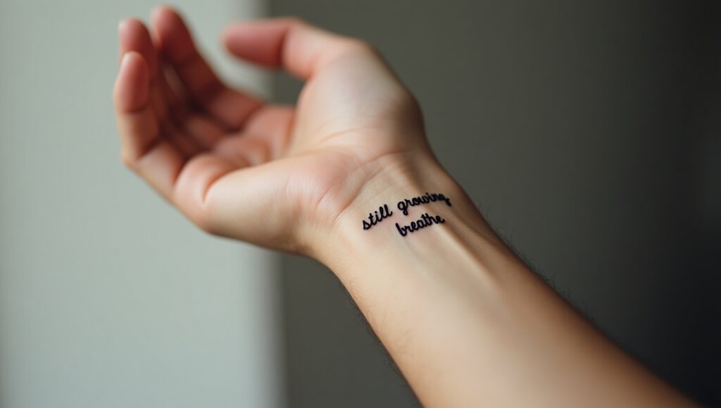 Positive affirmation small tattoo ideas for wrist representing motivation, strength, and daily inspiration.