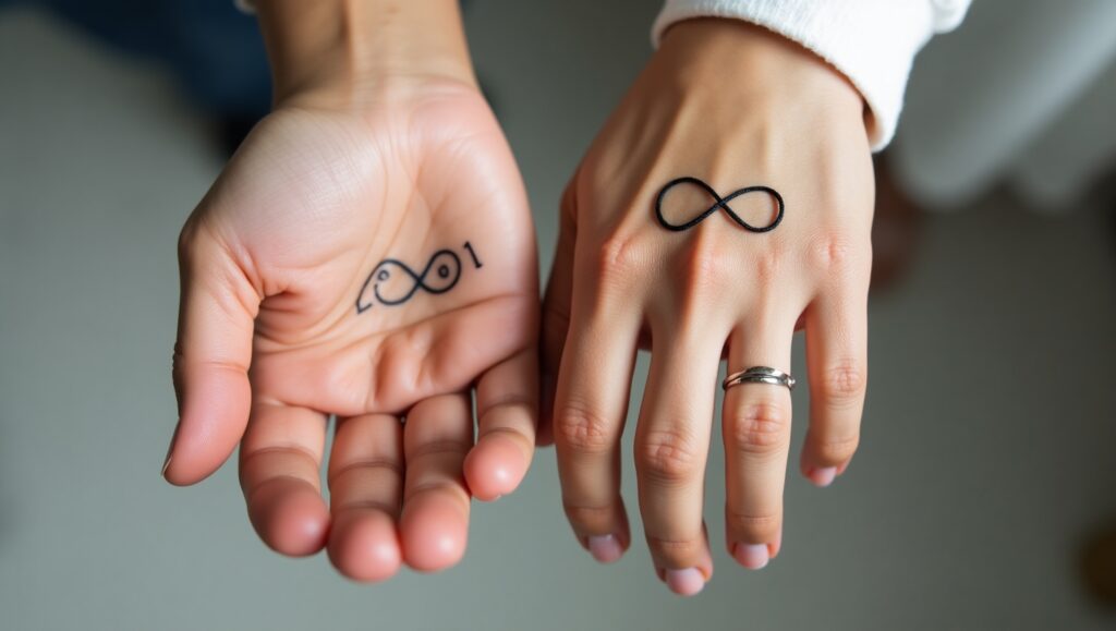 Minimalist infinity sign finger tattoo ideas on finger symbolizing endless love and commitment.