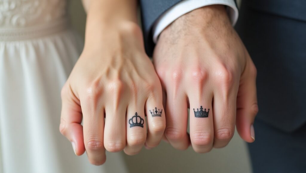 His and hers crowns finger tattoo ideas on finger representing loyalty, royalty, and true partnership.
